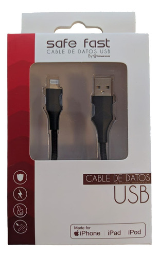 Cable Cargador Mallado 2 Metros Safe Para iPhone Color Negro