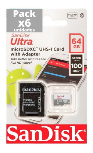 Pack X6 Memorias Micro Sd 64 Gb Sandisk Clase 10 Mayoristas