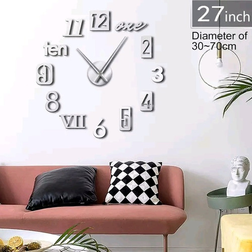 Reloj Pared 3d Grande Plateado Diseño Modero