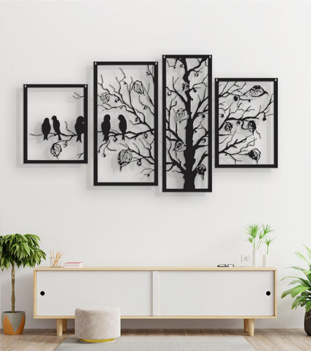 Cuadro Pajaros Con Arbol Triptico Calado Negro 120x60 Cm