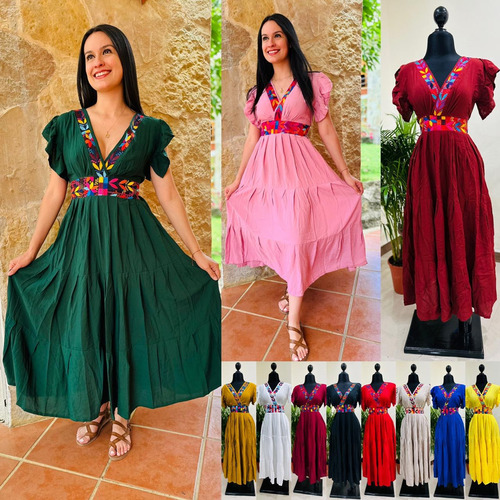 Vestidos Tela Rayon Bordados Punto De Cruz-artesanales De Mx