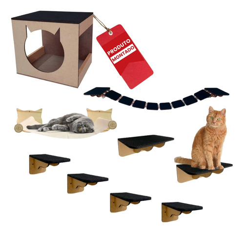 Kit Playground Mdf Para Gatos C/ Rede Madeira Pinus 9 Peças