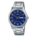 Reloj Hombre Casio Mtp-v006d-2budf Core Mens Con Correa Color Plateado Y Fondo Azul