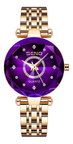 Reloj Impermeable Poligonal Con Esfera Diamante Para Mujer Color Del Fondo Violeta Color De La Correa Oro Rosa Color Del Bisel Oro Rosa