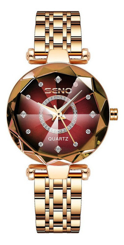 Reloj Impermeable Poligonal Con Esfera Diamante Para Mujer Color De La Correa Oro Rosa Color Del Bisel Oro Rosado Color Del Fondo Rojo