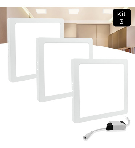 Kit 3 Painel Led Sobrepor 25w Quadrado Borda Fino Luz Neutro Cor Branco 110v/220v (bivolt)