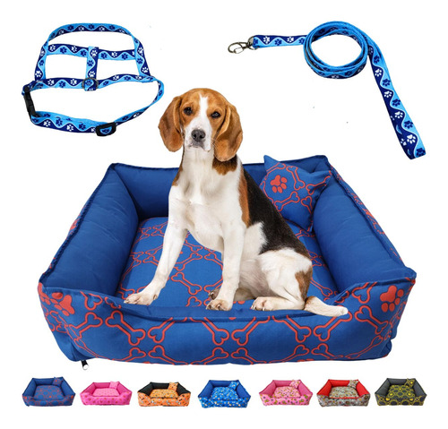 Cama Pet Cachorro Estampada Lavavél 62 X 62 E Coleira Guia