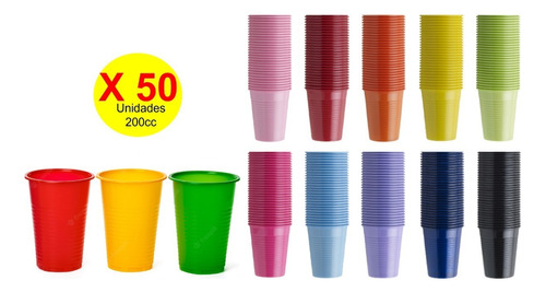 Vaso Plástico Desechable Colores 50 Unidades 200 Cc