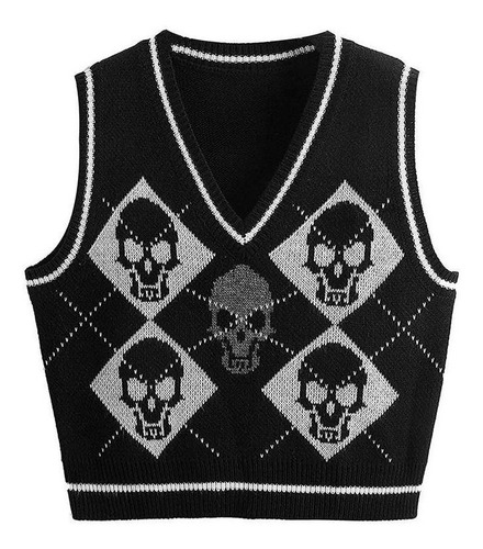 Chaleco Estilo Suéter Con Cuello En V Y Calavera Gótica