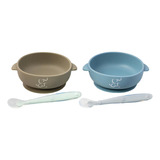 2 Platos Hondos De Silicón Con Succión Y 2 Cucharas Papubaby Color Azul Celeste/gris Obscuro Bowl Con Succion