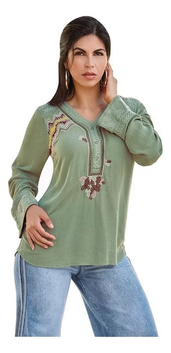 Blusa Casual Mujer Color Verde Con Bordados Cklass 993-97