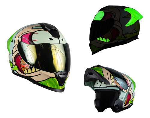 Casco Para Moto Rebatible Kov Rick Y Morty  Verde Brillante Talla S 