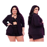 Conjunto 3 Peças Short, Blazer E Cropped Com Paetê Plus Size