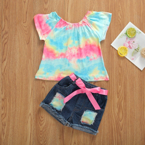 Conjunto Infantil Menina Blogueira Colorido Shorts Jeans