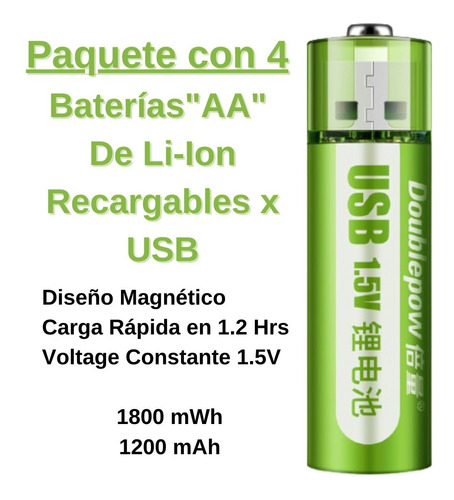 Baterias Pilas Usb Recargable Aa 1.5v 1200mah 1800mwh Li-ion