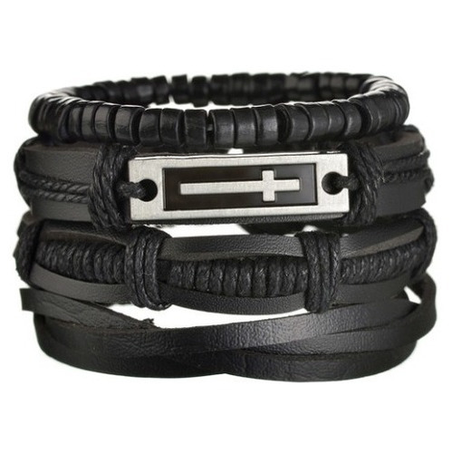 Pulseira Masculina Suiça Couro Kit Bussola Pena Ancora Rock