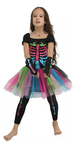 Vestido Corto Colorido Con Calavera De Halloween Para Niña