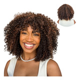 Peruca Wig Afro Sleek Morena Iluminada Com Franja Uso Diário