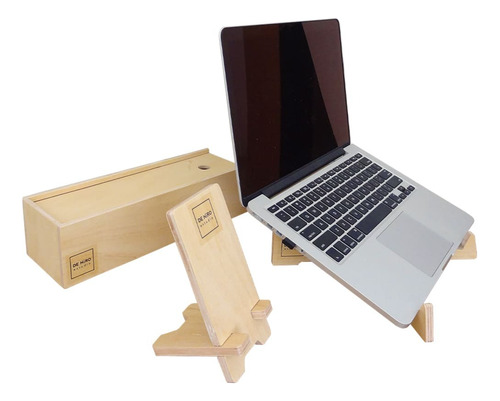 Kit De Soportes En Caja De Madera Para Notebook Y Celular