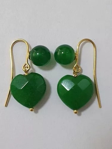 Aros Jade Verde Corazoncito Y Bolita Plata 925 Baño Oro 18k