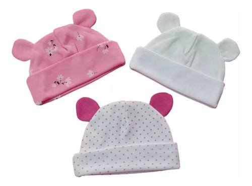 Gorros Para Bebés En Algodón Orejas De Oso / Set X 3 *  Niña