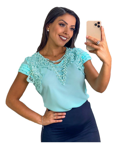 Blusa Feminina Manga Curta Evangélica Renda Pedras Linda Top