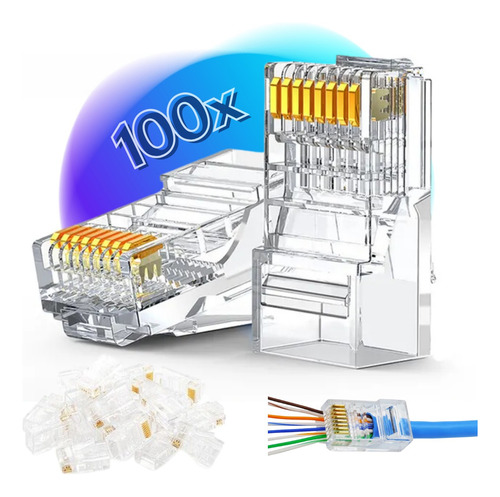 Kit 100 Conector Rj45 Vazado Ez Cat6 Cat5e Cabo De Rede C/nf