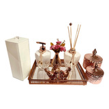 Kit Lavabo Luxo Rose Gold Potes Aroma Sabonete Porta Escovas