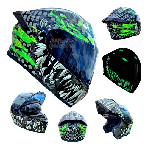 Casco Moto Negro Verde Fosforescente Toxic Kov Abatible Dot 