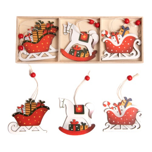 Adorno Navidad Set X6 Colgantes Madera Trineo 6x5 Cm 