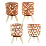 4 Mini Vaso Decorativo Pé Madeira Cachepot Cimento Planta