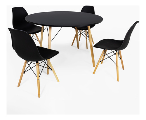 Mesa Mdf Preta 100cm Jantar Redonda Preta + 4 Cadeiras Eames