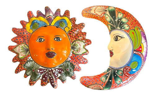 Sol Y Luna De Pared Con Talavera Naranja Adorno Mexicana