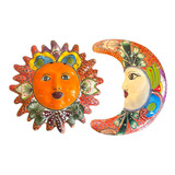 Sol Y Luna De Pared Con Talavera Naranja Adorno Mexicana