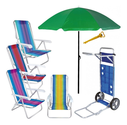 Kit Guarda Sol Carrinho Avanço 4 Cadeira Reclin Saca Areia