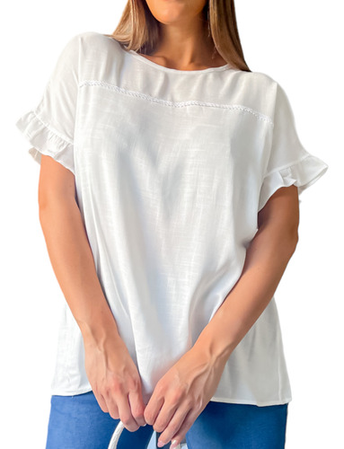 Blusa Amplia  Remera Lino Elastizado Puntilla Talles Grandes