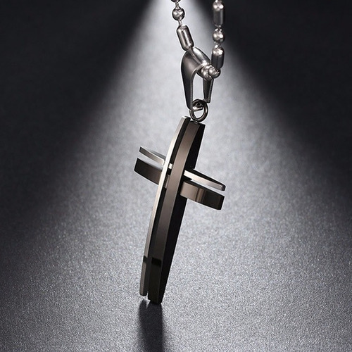 Colar Masculino Aço Prata Crucifixo Cruz Dourada Preta C338