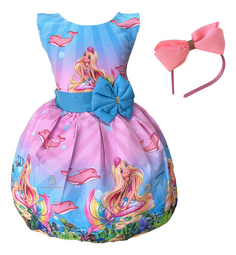 Vestido Barbie Sereia Fundo Mar Golfinho Fantasia Festa Luxo