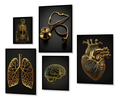 Kit 5 Quadros Decorativos Medicina Dourado Consultório Luxo