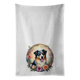 Australian Shepherd And Flowers Kitchen Towel Set Of 2 White