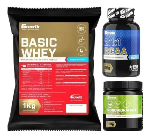 Kit Whey Growth 1kg + Bcaa 120 Caps + Creatina 100g Original