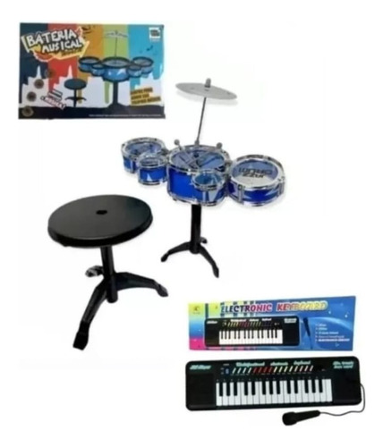 Kit Musical Mini Bateria Com Banquinho Infantil + Teclado Nf