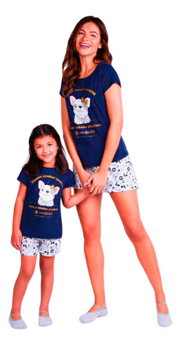 Pijama Infantil Feminino Família Estampado Manga Curta Lupo