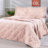 Kit Cobre Leito Cama Casal Queen Bordado Percal 200fios Rose