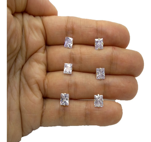 Brinco Prata Pura 925 Trio Diamante Sintético Quadrado 6 Mm