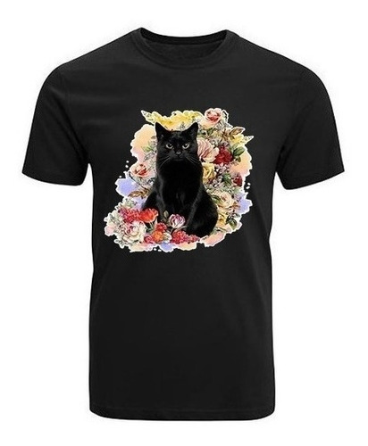 Polera Gato Gatito Con Flores Cat Negro Ropa Moda Calidad