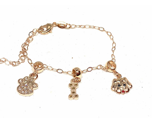 Pulsera Baño Oro Rose Hueso Perro Huella Con Piedras Nena