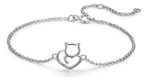 Pulsera Brazalete Gatito Gato Y Corazón 100% Plata S925 