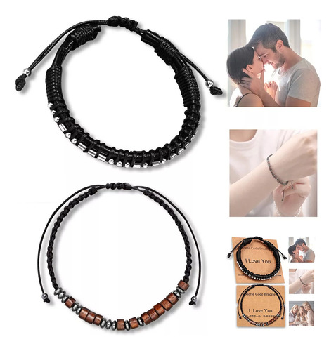 2pzs Pulsera De Pareja Código Morse, Regalo Hombre Mujer