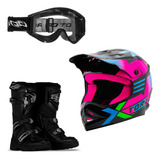 Capacete Cross Infantil Next + Bota Profissional + Oculos Nf